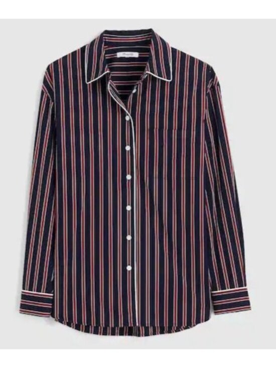 Madewell Tops - Madewell Long Button-Up Shirt in Stripe Poplin~Size M~Red Navy Stripe NWT L10 27
